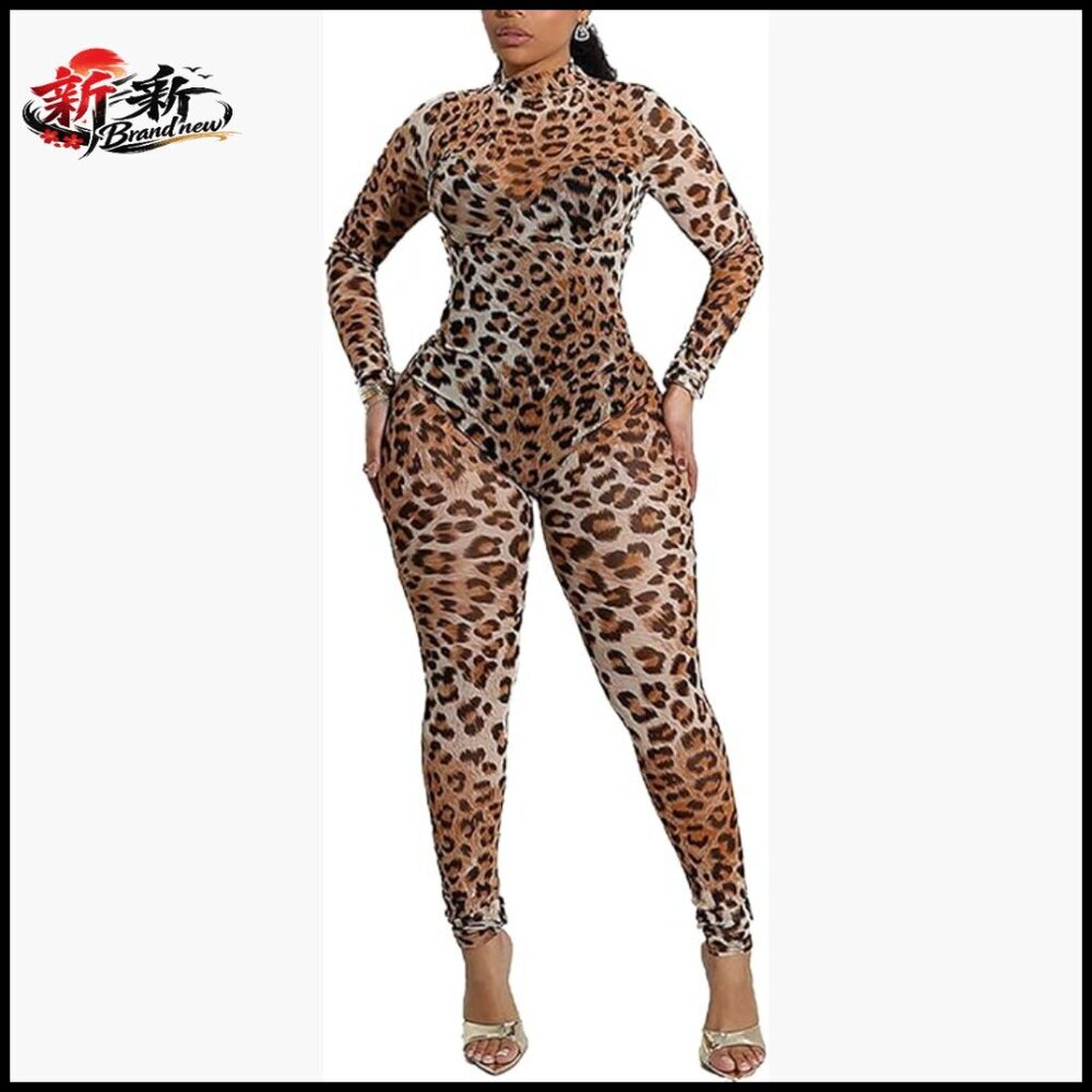 Leopard Print Mesh Jumpsuit High Waist Bodycon Romper